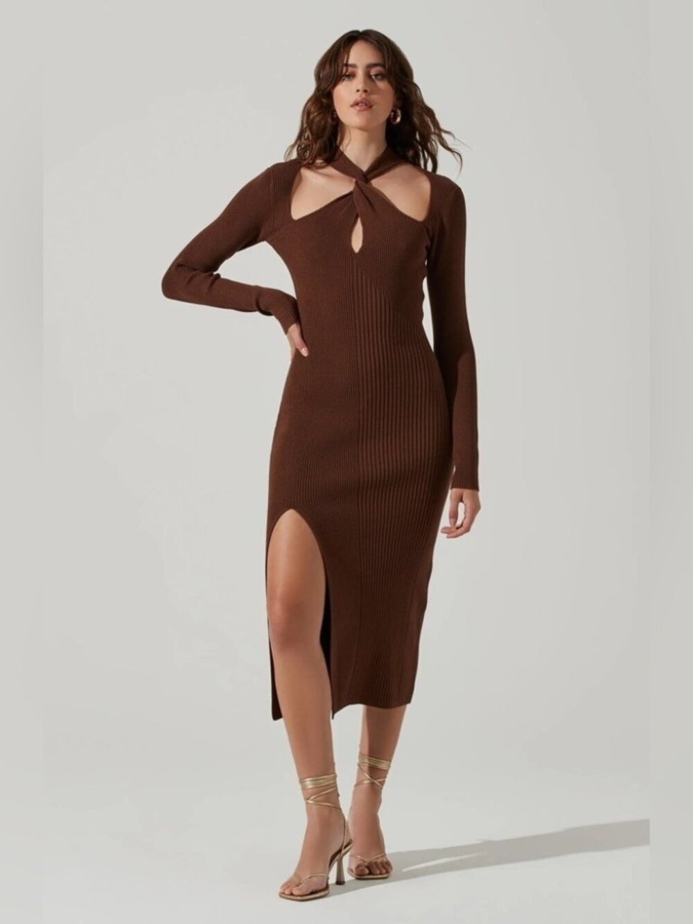 ASTR Brown Twisted Mock Neck Ribbed Knit Bodycon Midi Sweater Dress Small NWT